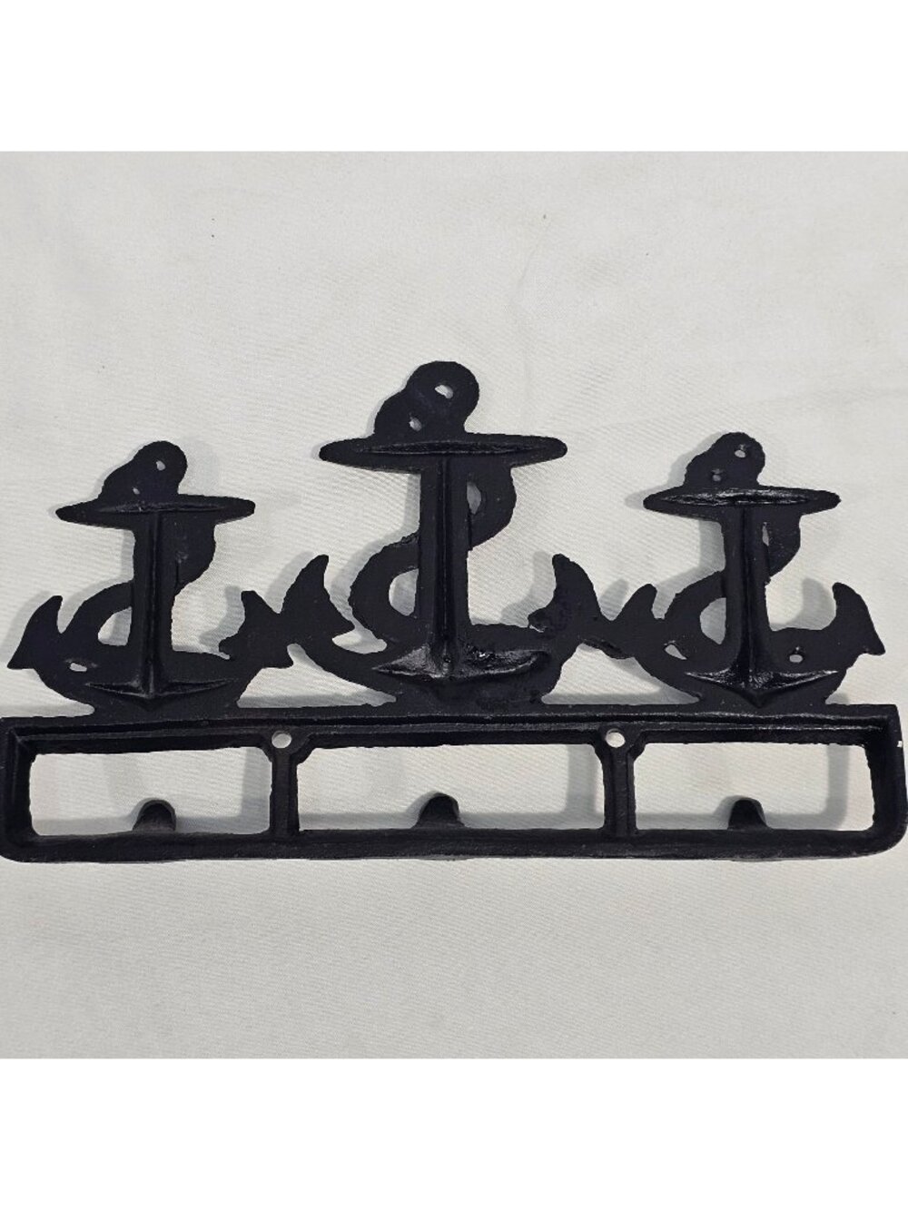 Anchor-Themed Cast Iron Wall Hook Rack With 3 Hooks - Nautical Decor - Black Fin